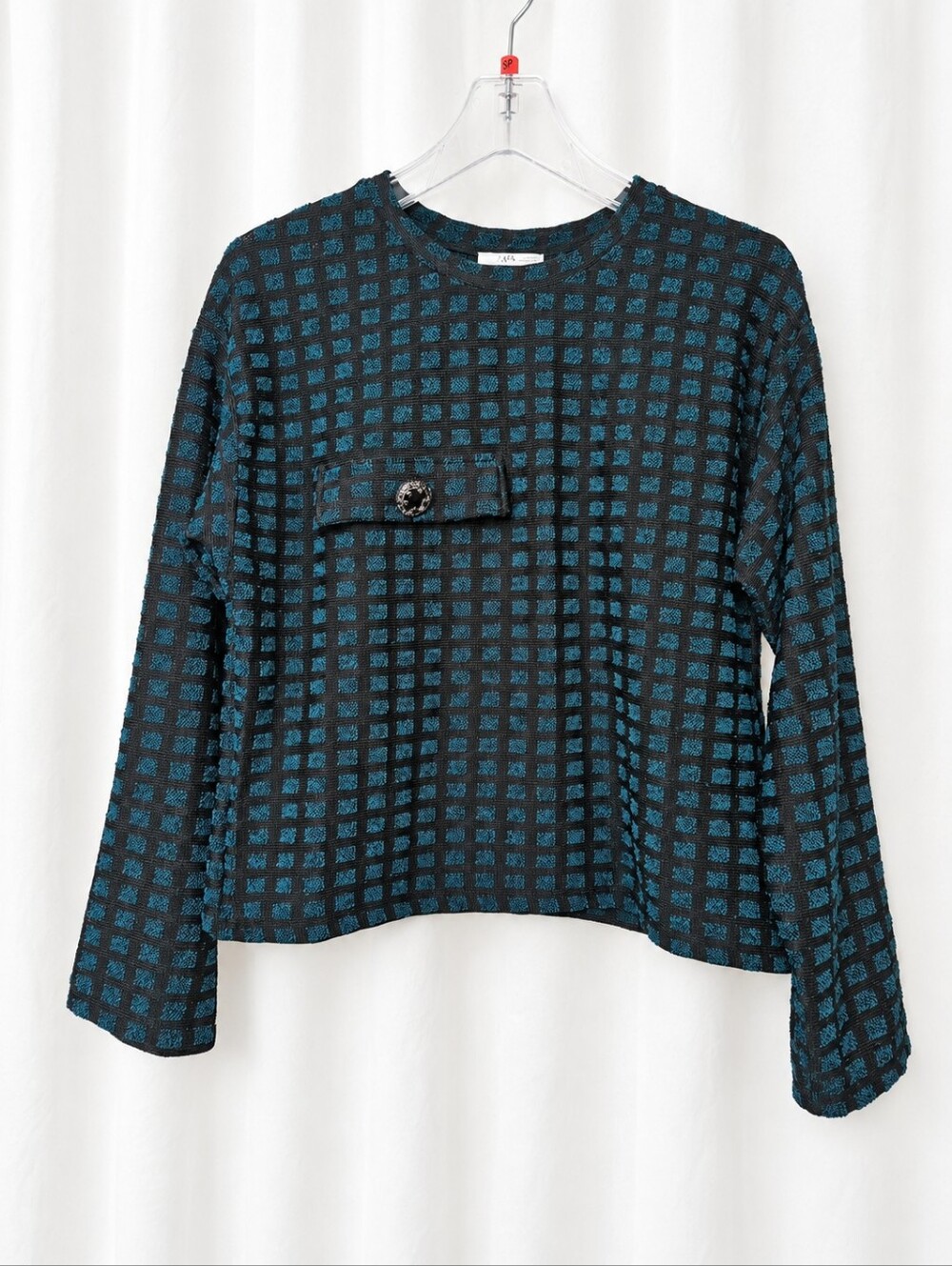 Zara Woman Teal Black Textured Grid Knit Button Accent Retro Modern Blouse